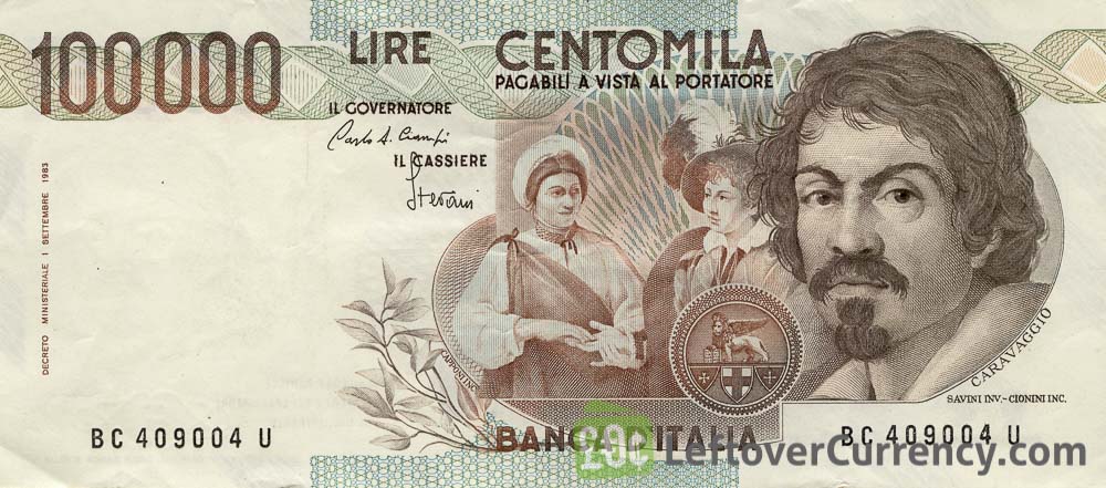 100000 Italian lire banknote Caravaggio 1983 obverse