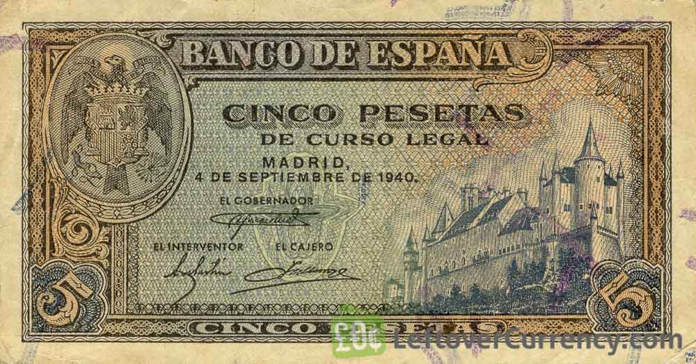 5 Spanish Pesetas banknote - Palace of Segovia obverse accepted for exchange