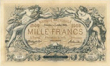 1000 Belgian Francs banknote - type 1869 black