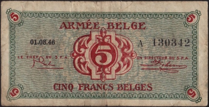 5 Belgian Francs banknote - Armée Belge