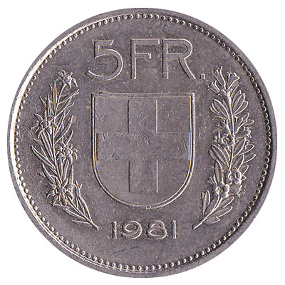 5 Swiss Francs coin obverse accepted for exchange