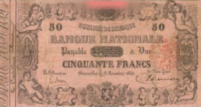 50 Belgian Francs banknote - type 1851 pink paper