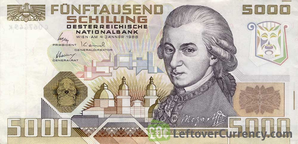 5000 Austrian Schilling banknote (Wolfgang Amadeus Mozart)